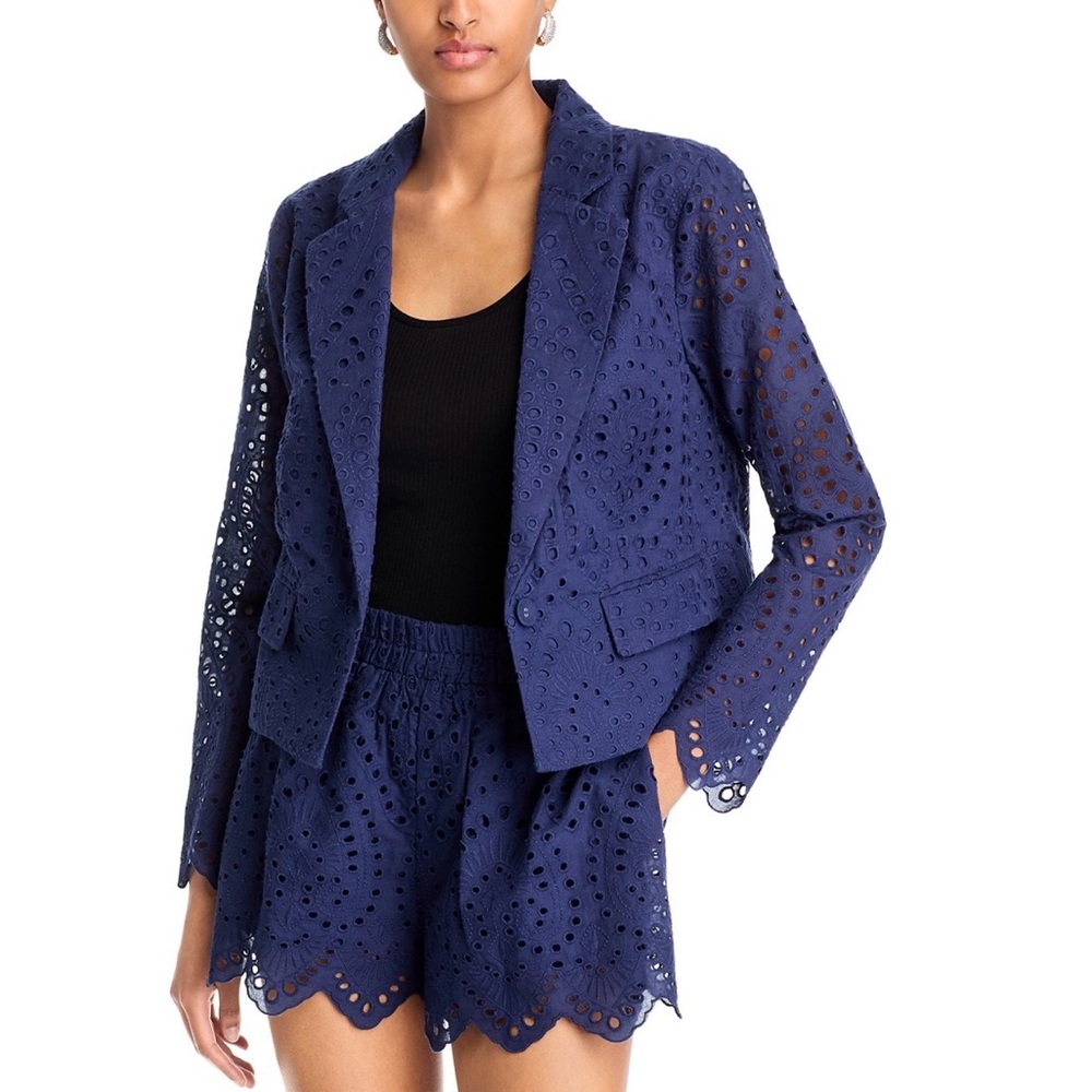 Aqua Navy Eyelet Cropped Blazer